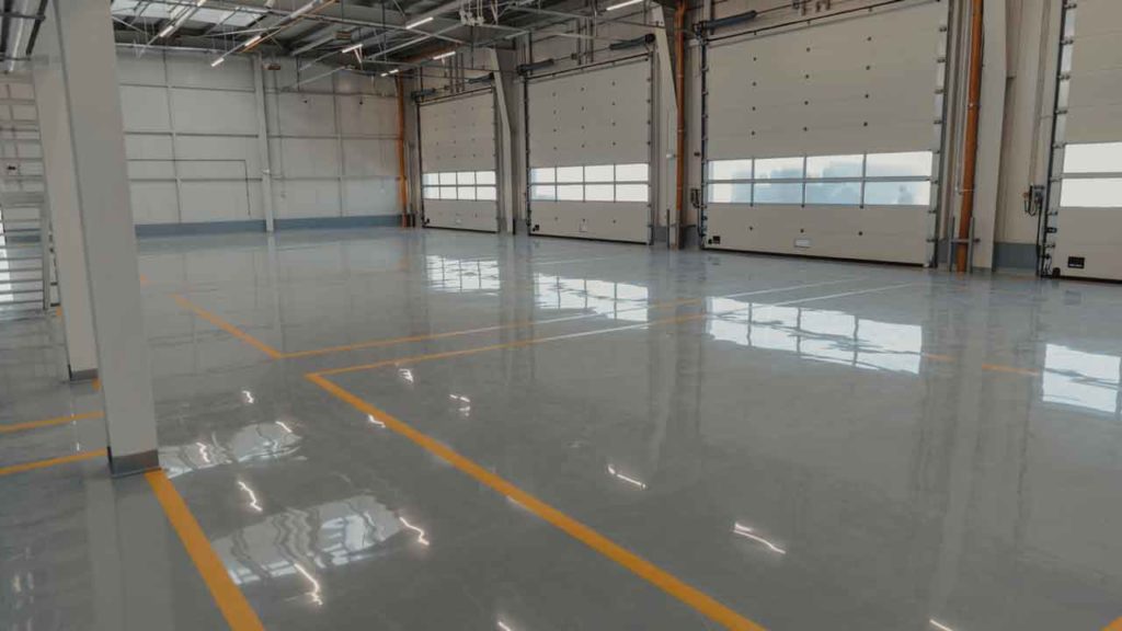 Freshly coated epoxy garage floor in a Rangeville home