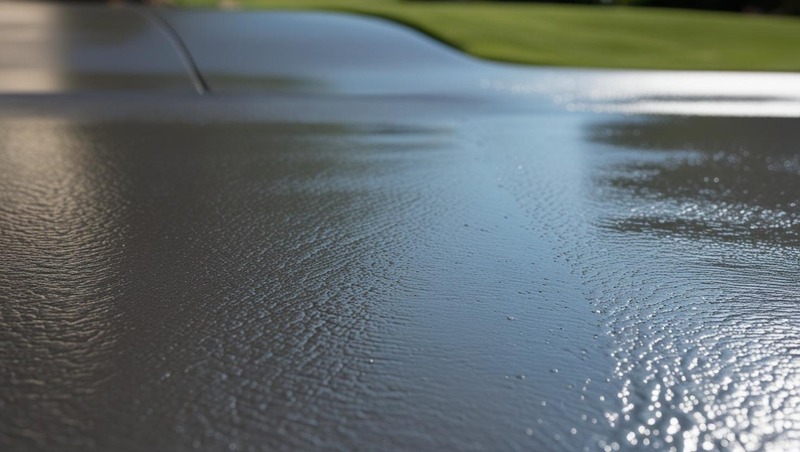 Close-up of a dark grey driveway epoxy coating with a smooth, glossy sunlit finish