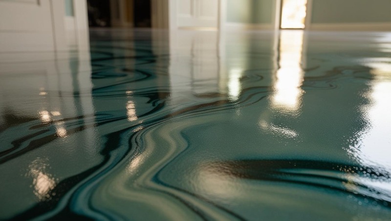 Close-up of a glossy epoxy floor with deep blue and green metallic swirl pattern under natural light