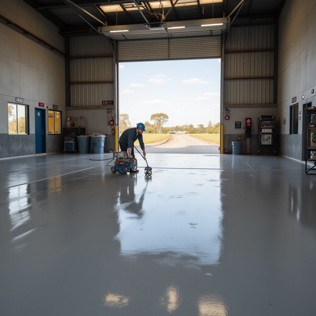 Industrial epoxy flooring being installed in a warehouse in Harristown, Toowoomba