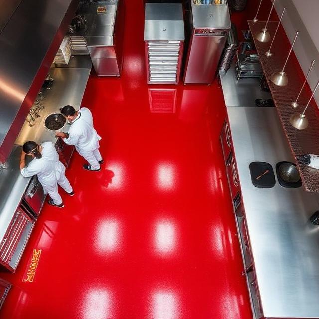 Seamless red epoxy flooring installed in a Harristown commercial kitchen