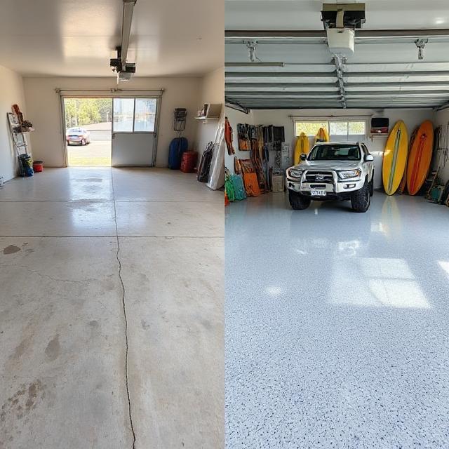Before and after photos of a garage floor transformed with epoxy flooring in Harristown, Toowoomba