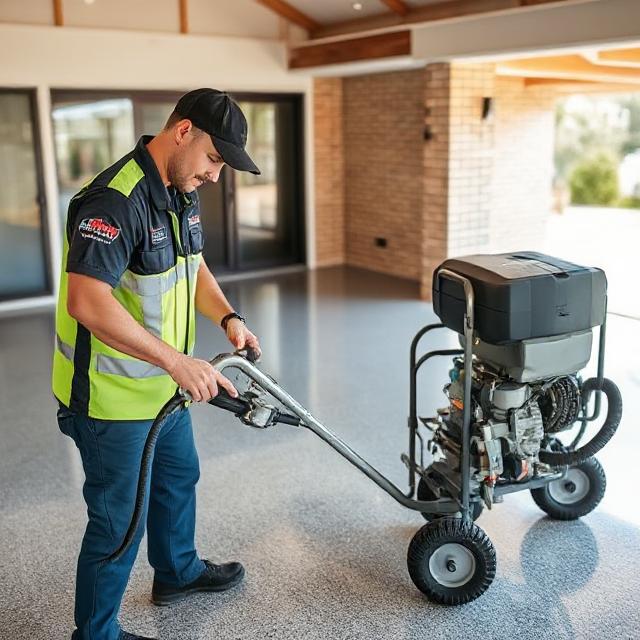 Technician applying epoxy floor coating at a Wilsonton property