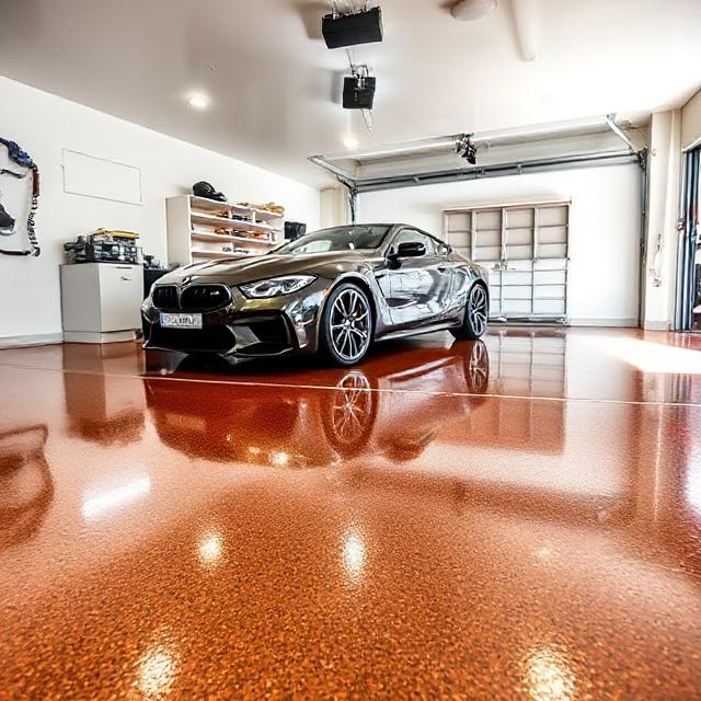 Metallic epoxy floor finish in a modern residential garage in Wilsonton