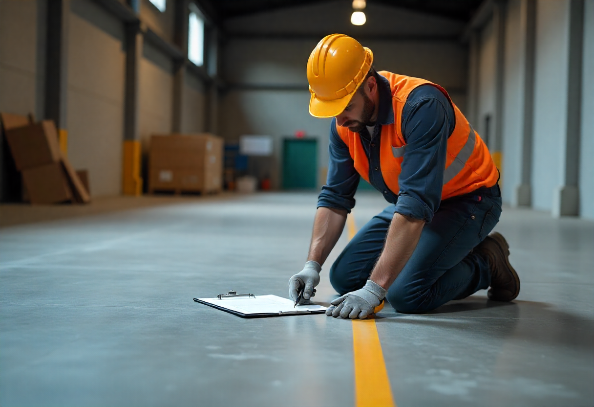 Technician conducting adhesion and moisture testing during an epoxy floor recoating assessment in Toowoomba