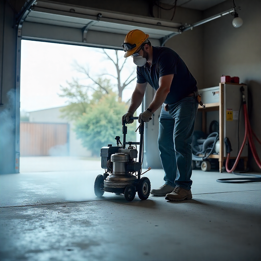Professional Concrete Grinding Contractor Preparing Garage Floor with Dust Control System