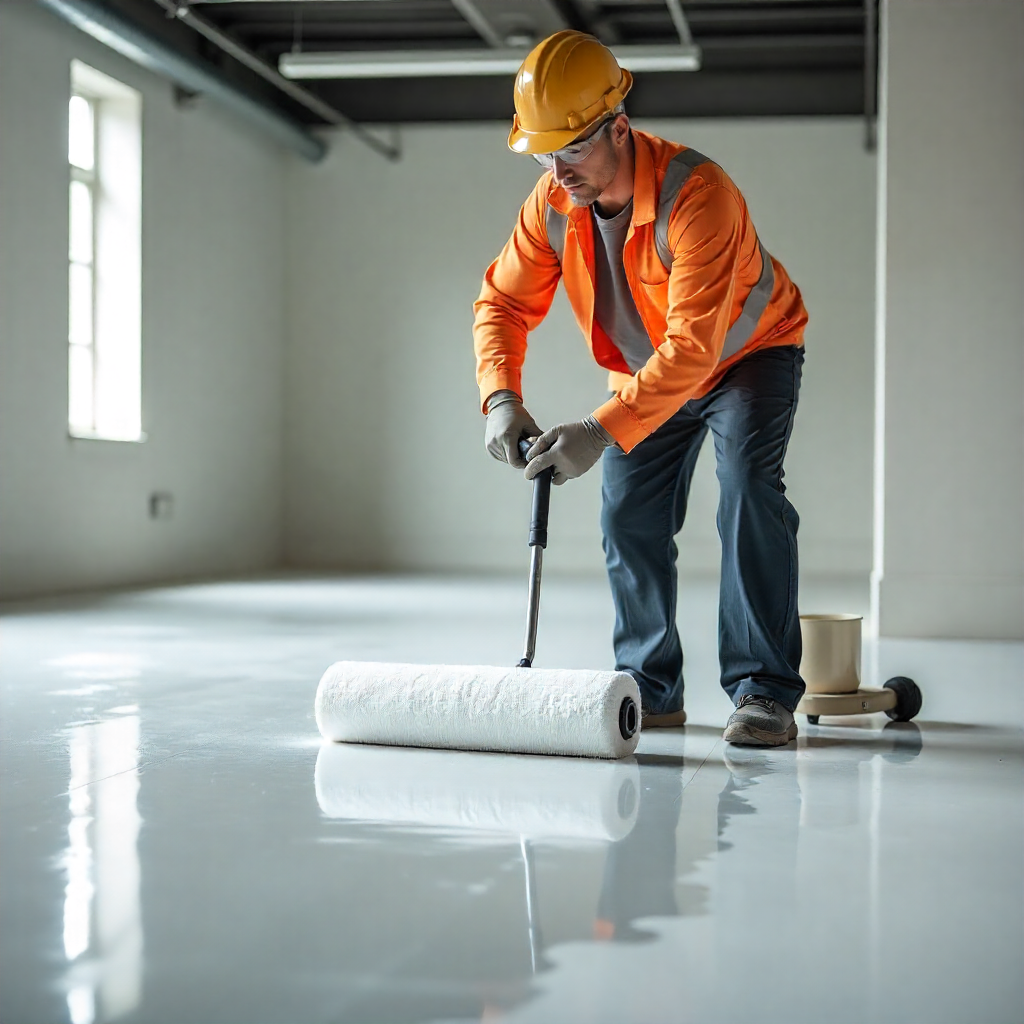 Technician applying a clear protective topcoat over an epoxy floor coating