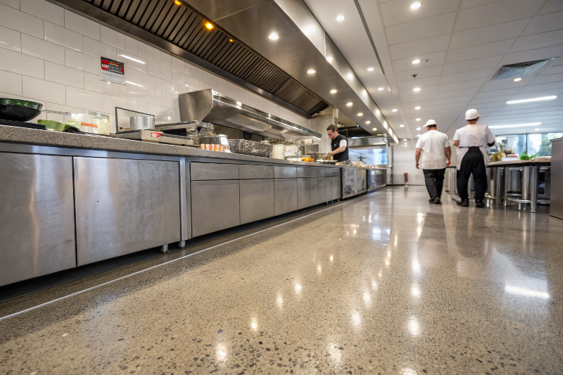Durable, slip-resistant epoxy floor topping in a Toowoomba restaurant kitchen with chefs at work