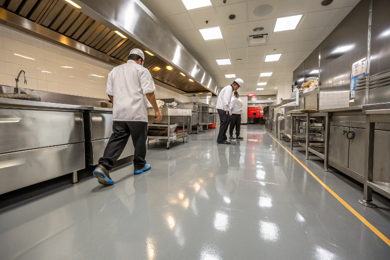 Seamless epoxy flooring with cove base installation in a Toowoomba commercial kitchen