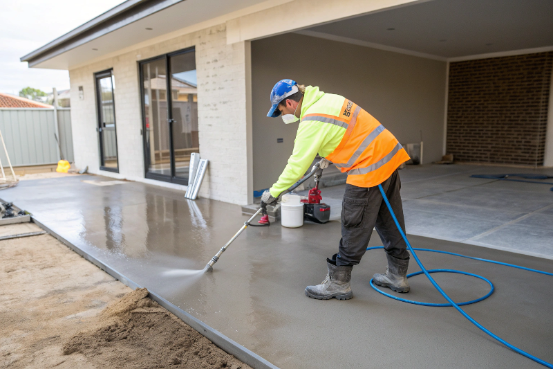 Professional concrete overlay contractor applying spray system in Toowoomba home showing expert installation technique