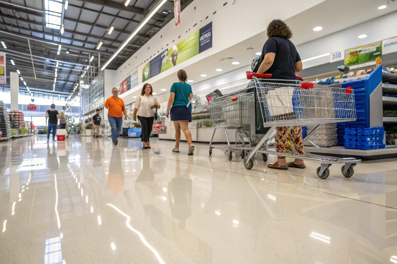 Busy Toowoomba retail store showing heavy customer traffic and shopping carts on durable epoxy flooring