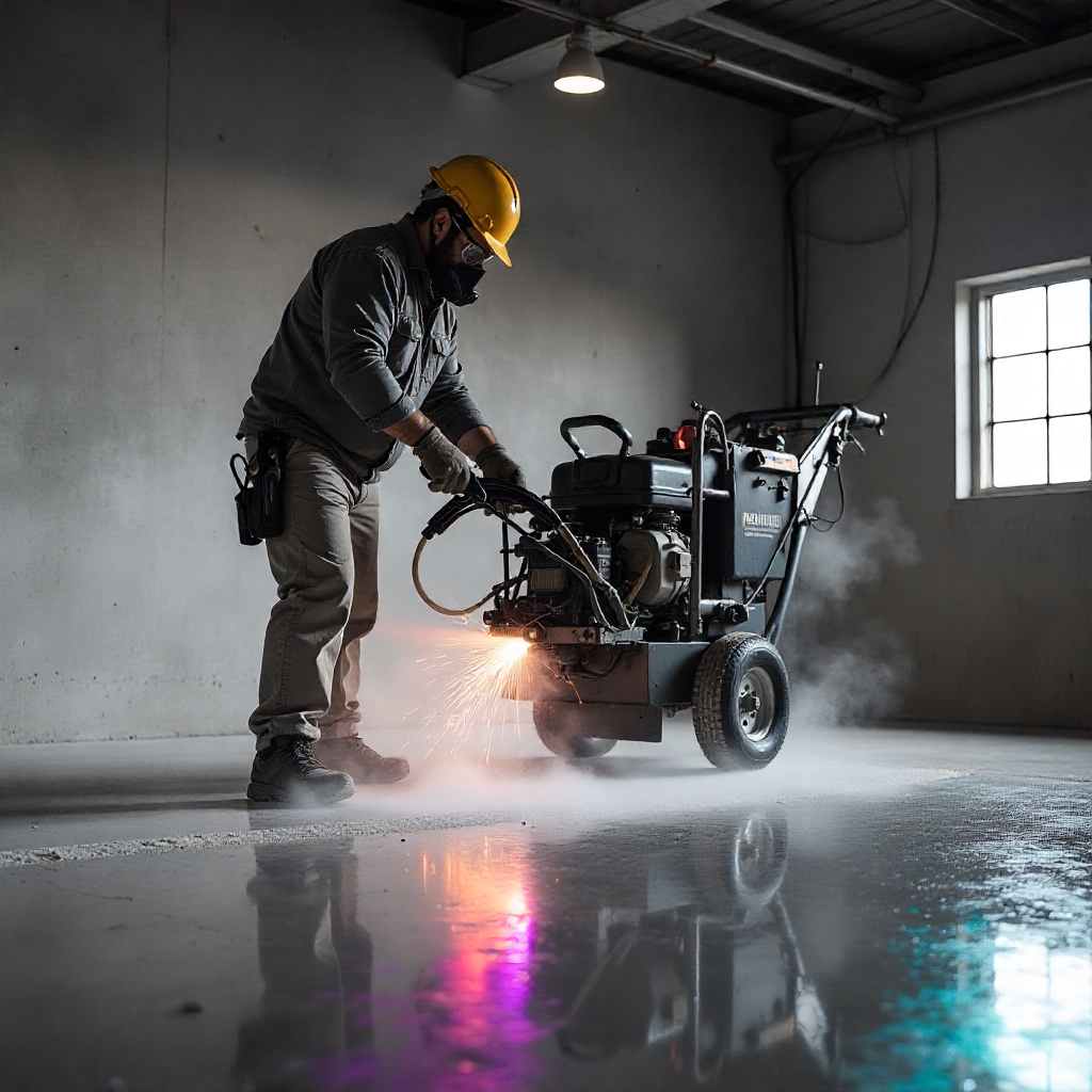 Tradesperson in a hard hat and respirator operating concrete floor grinding equipment, with sparks and dust visible