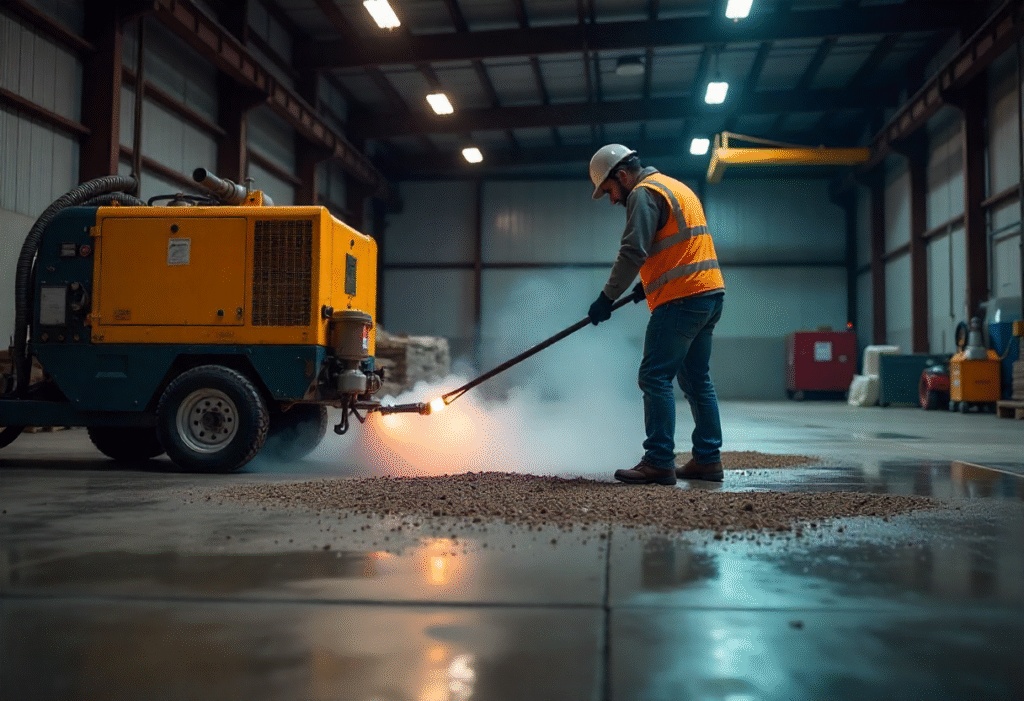 Industrial steel shot blasting on a contaminated concrete floor in Toowoomba