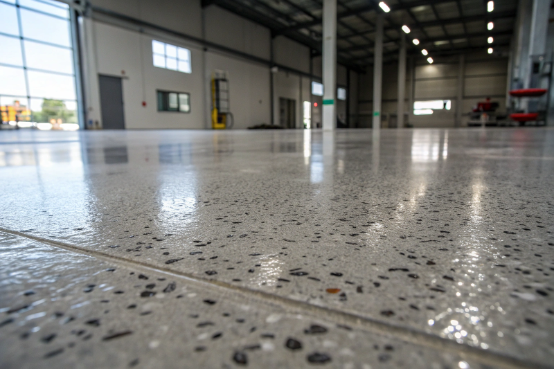Detailed view of professional non-slip floor coating showing textured surface and water resistance