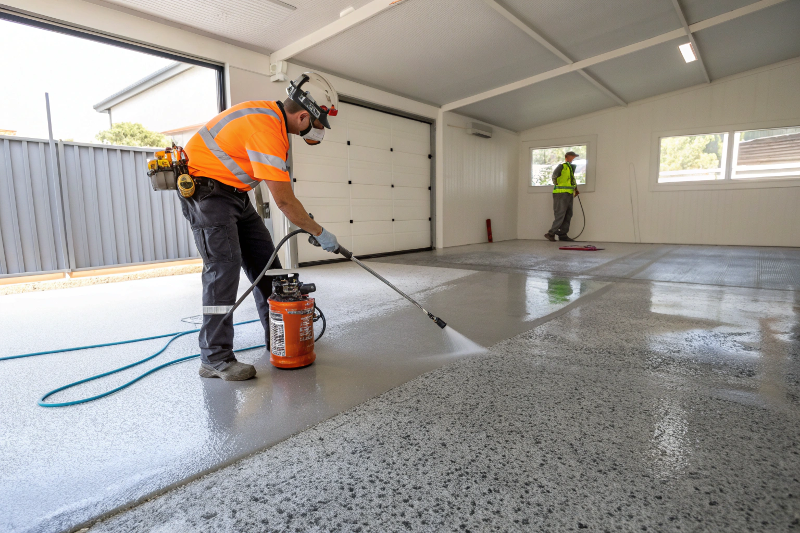 Professional contractor applying anti-slip floor coating in Toowoomba garage using specialized equipment