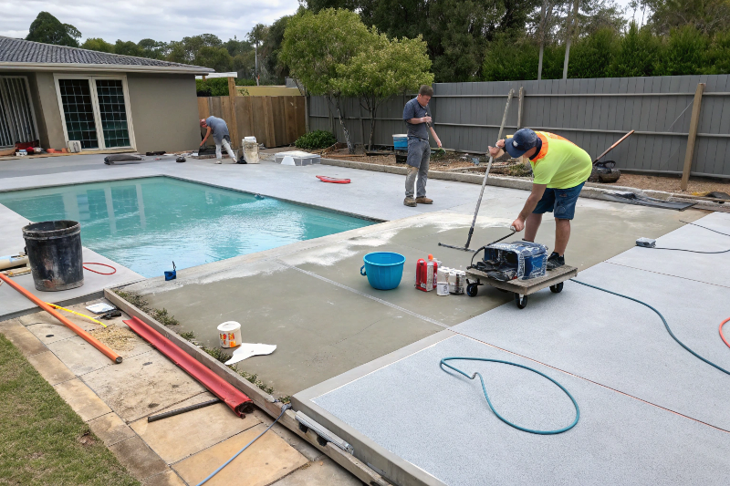 Professional pool deck epoxy installation showing tools, equipment and surface preparation around swimming pool