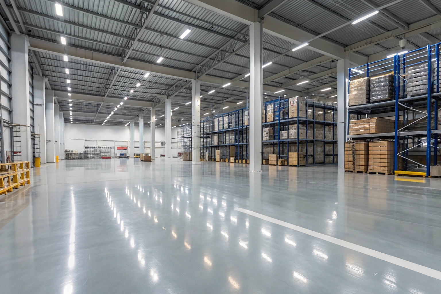 Modern warehouse with professional epoxy flooring in Toowoomba, showing smooth grey surface and storage areas