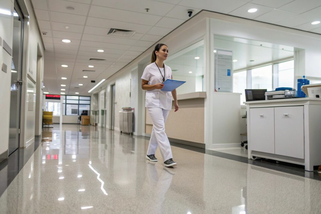 Healthcare professional in a medical clinic with antimicrobial epoxy flooring