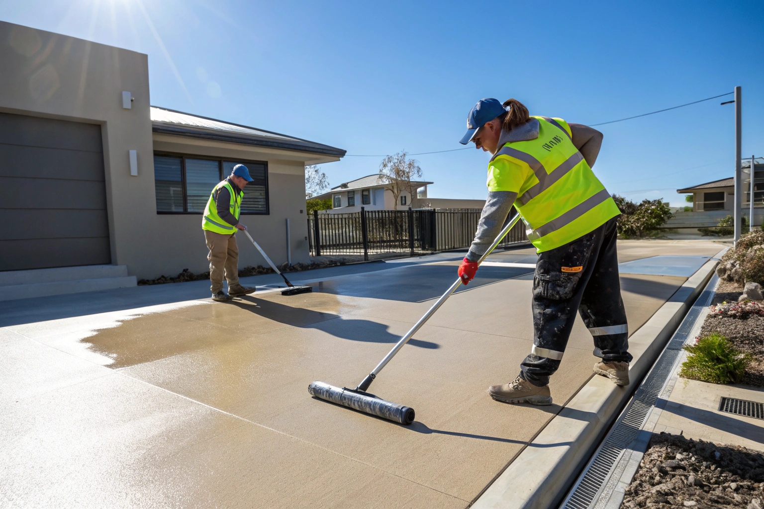 Workers in high-vis clothing applying professional driveway coating
